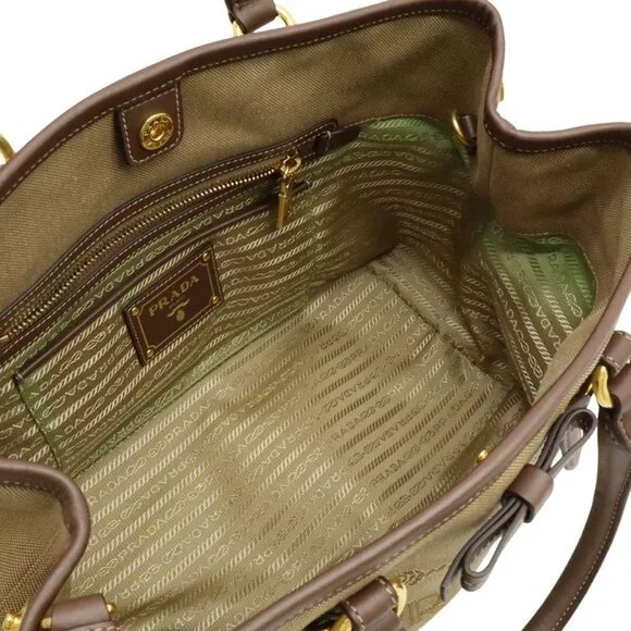 Prada Logo Jacquard Ribbon Tote 2-Way Shoulder Bag Canvas Khaki - Picture 5 of 9